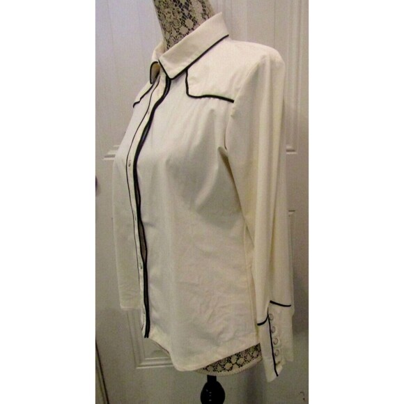 Indies Pearl Snap Shirt Western Ivory Collared Black Trim Womens Size 38 US S - Picture 3 of 9